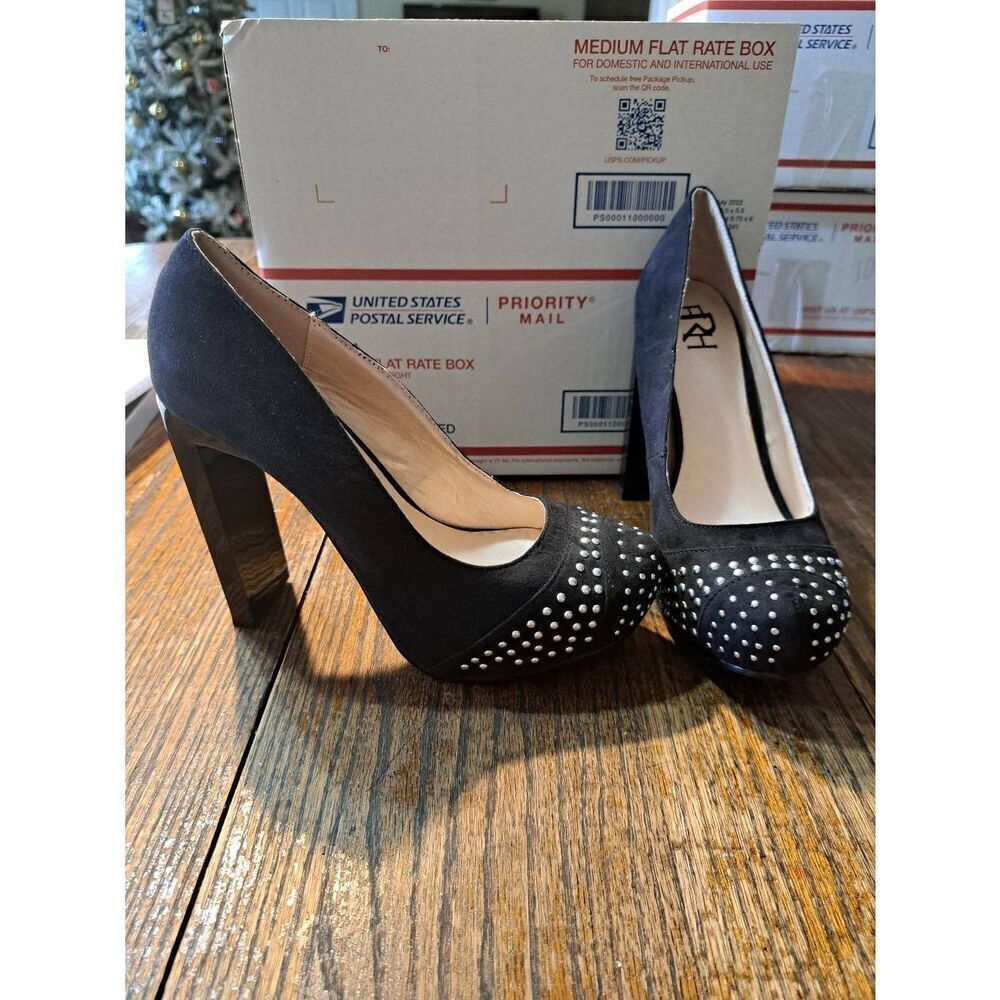 New 6.5 FRH Black Platform Chunky High Heel Pump Dress Shoes Embellished Sexy